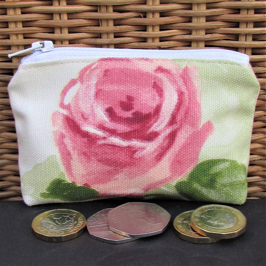 Small purse, coin purse - ceam and pale green with large pink Rose