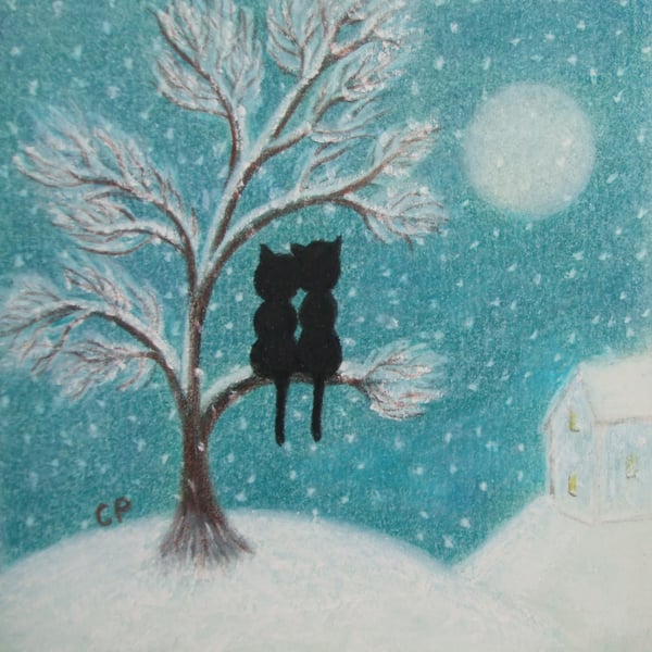 Romantic Cat Card, Snow Art, Black Cat Christmas Card, Cats Tree