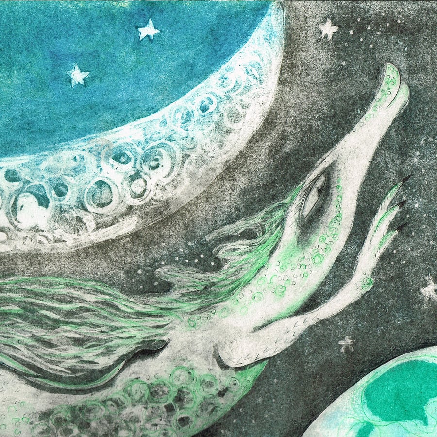 Dragon collagraph print , Between the Moon and the Earth limited edition etching