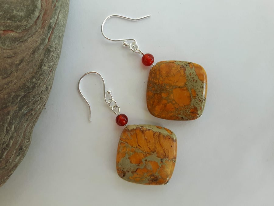 Autumn Colours Gemstone Drop Earrings with Jasper, Carnelian and Sterling Silver