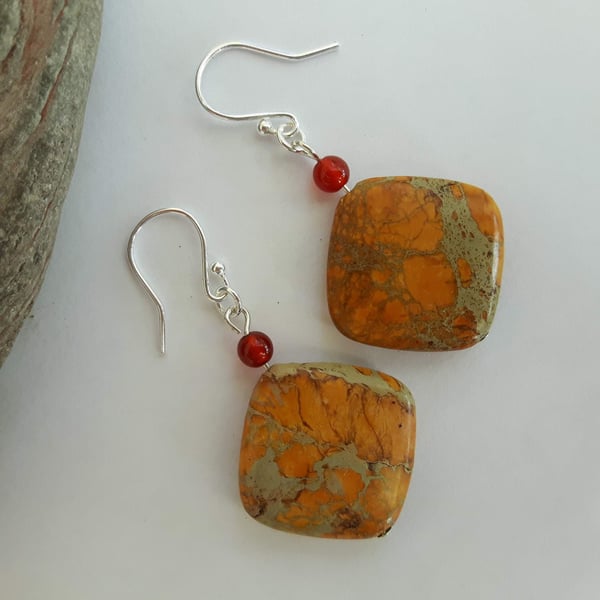 Autumn Colours Gemstone Drop Earrings with Jasper, Carnelian and Sterling Silver
