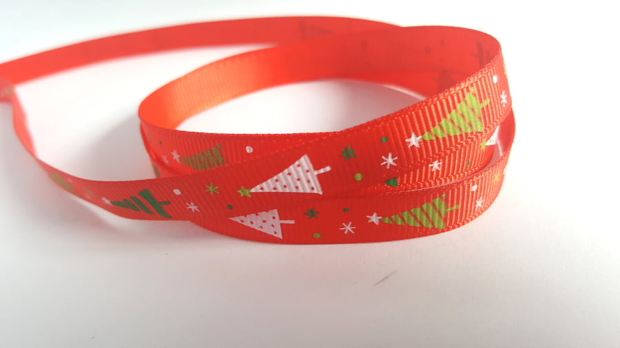 3m Ribbon - Printed Grosgrain - 9mm - Christmas Trees - Red 