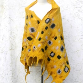 Yellow Gold Scarf Shawl Wrap Silk and Wool Felted Nuno Handmade Felt