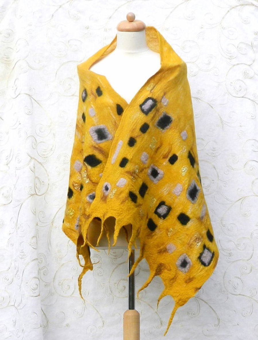 Yellow Gold Scarf Shawl Wrap Silk and Wool Felted Nuno Handmade Felt