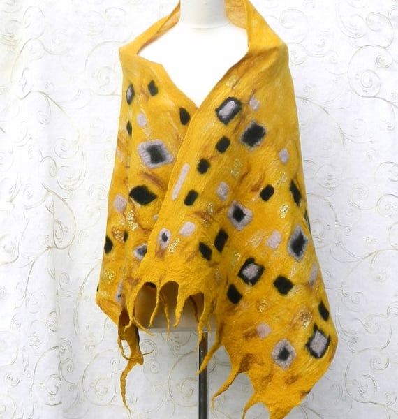 Yellow Gold Scarf Shawl Wrap Silk and Wool Felted Nuno Handmade Felt