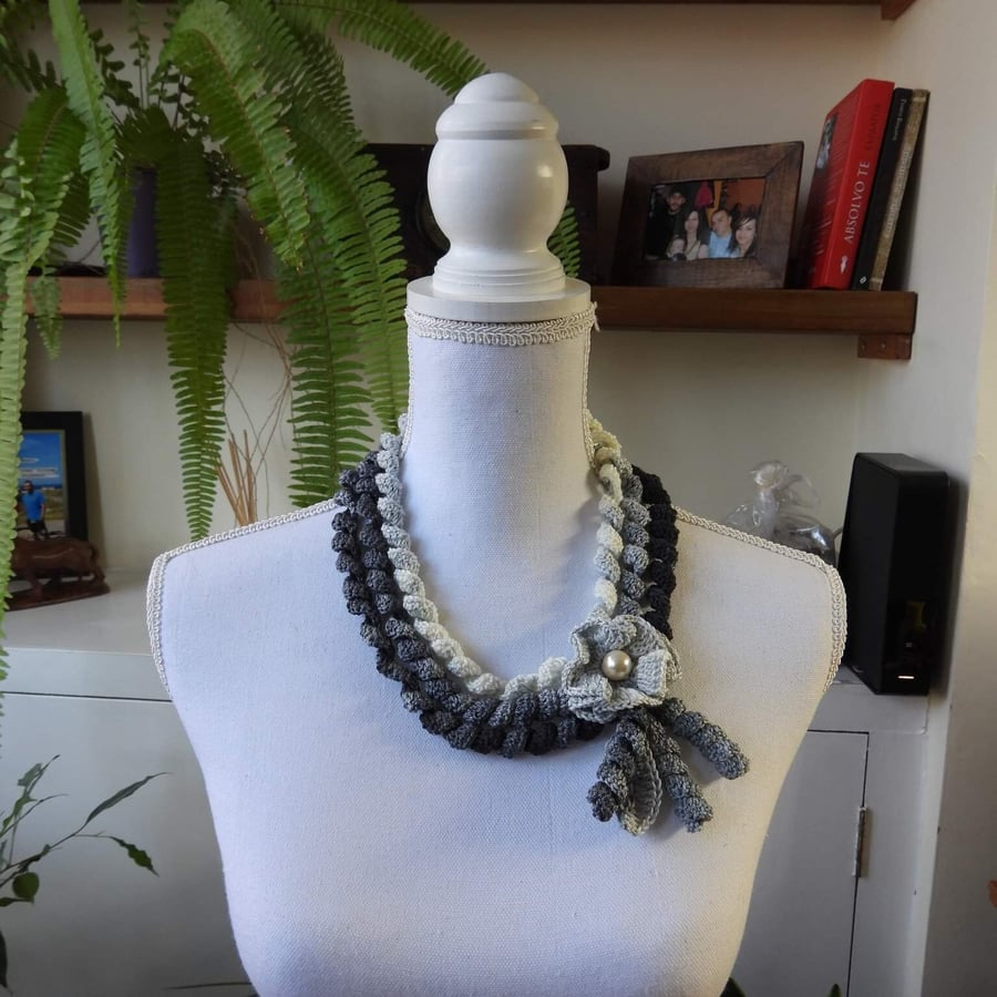 Crochet everyday shades of gray necklace flowers handmade boho necklace