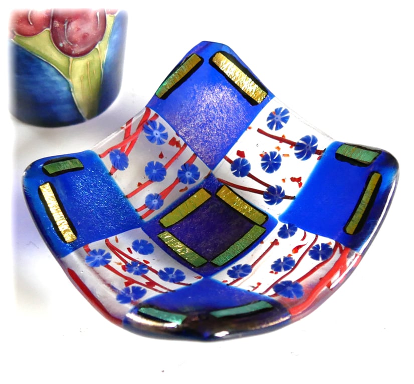  Fused Glass Trinket Dish Blue Red Check Gold Dichroic 9cm 