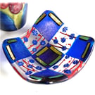 Fused Glass Trinket Dish Blue Red Check Gold Dichroic 9cm 