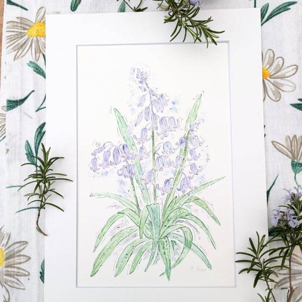 Bluebell handpainted original watercolour painting A4 mounted