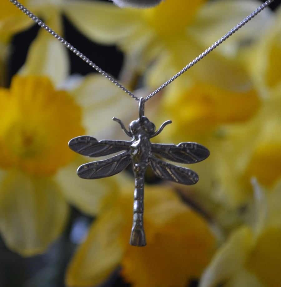 Dragonfly pewter pendant necklace with sterling silver chain