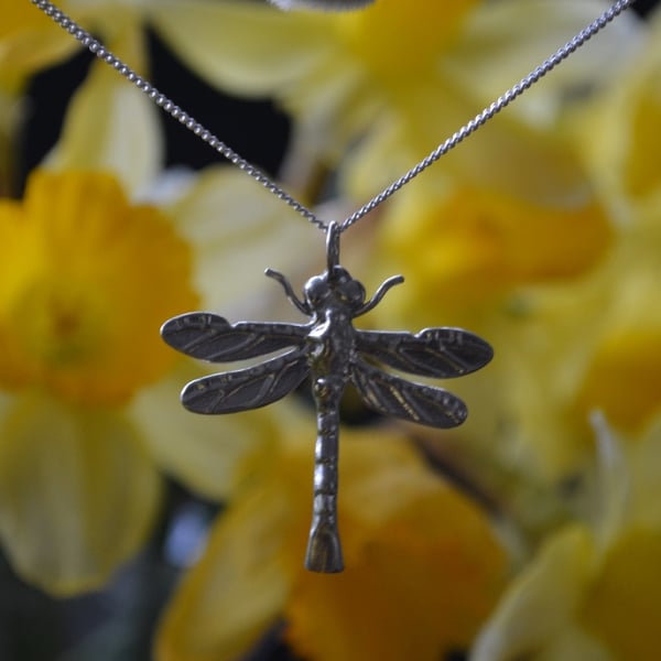 Dragonfly pewter pendant necklace with sterling silver chain
