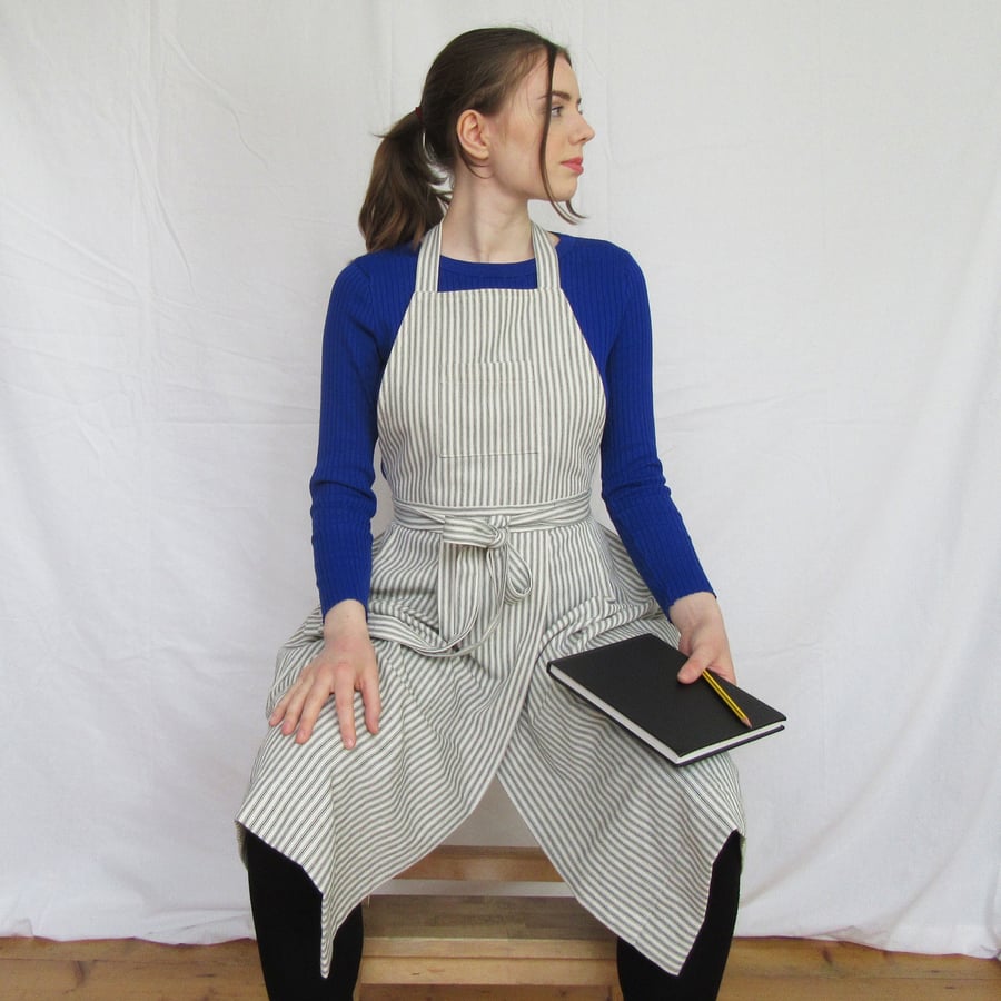 Potters Apron, Pleated Ticking Stripe with Split Leg Skirt, Makers Apron No14:2