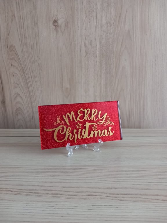 Red Merry Christmas Glitter Subway Tile Decorative Tile on a Stand