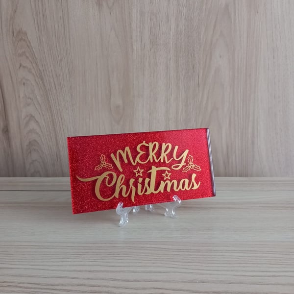 Red Merry Christmas Glitter Subway Tile Decorative Tile on a Stand