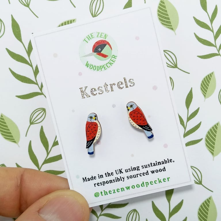 Kestrel Earrings, Wooden Bird Studs, Silver Plated or Sterling Silver Backs