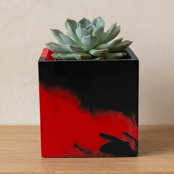 Red and Black 10 cm Square Plant Pot - Marbled Indoor Planter