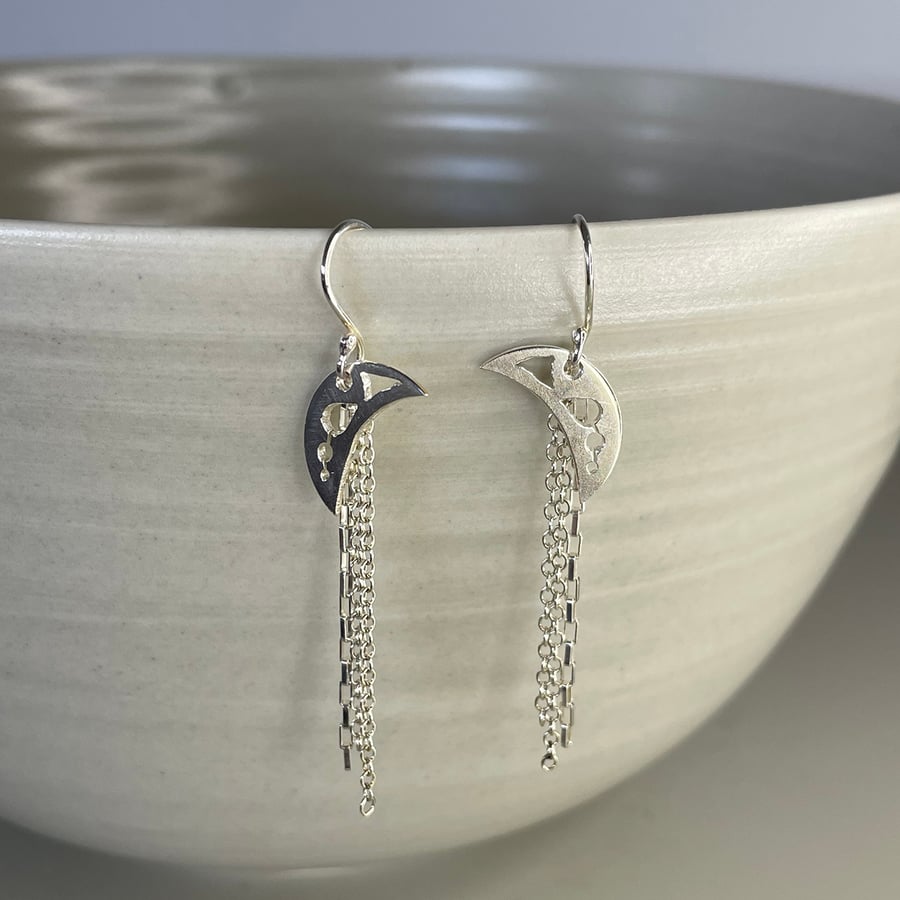 Sterling silver decorative cut out pattern crescent and chain earrings