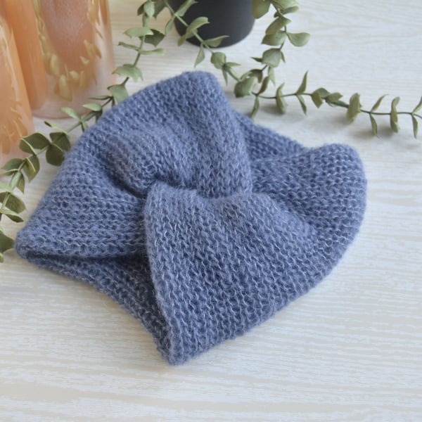 Knitted Headband Earwarmer Soft Alpaca Silk Steel Blue Ready Made