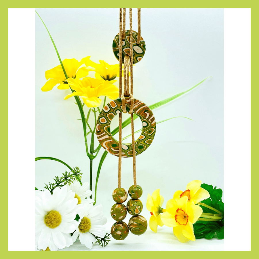 Golden Acorn Gold, Green, Olive & Cream Polymer Clay Lariat Necklace