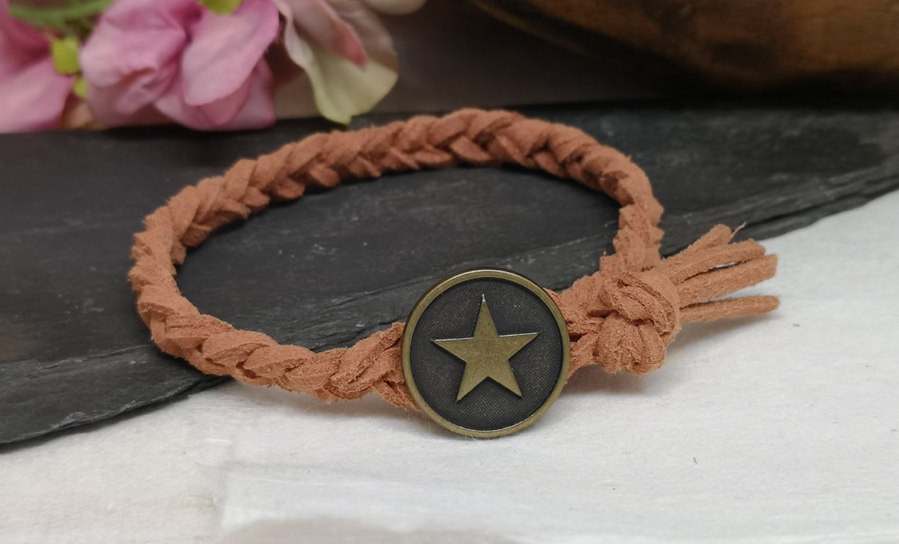 Men's brown suede plaited bracelet with button fastener