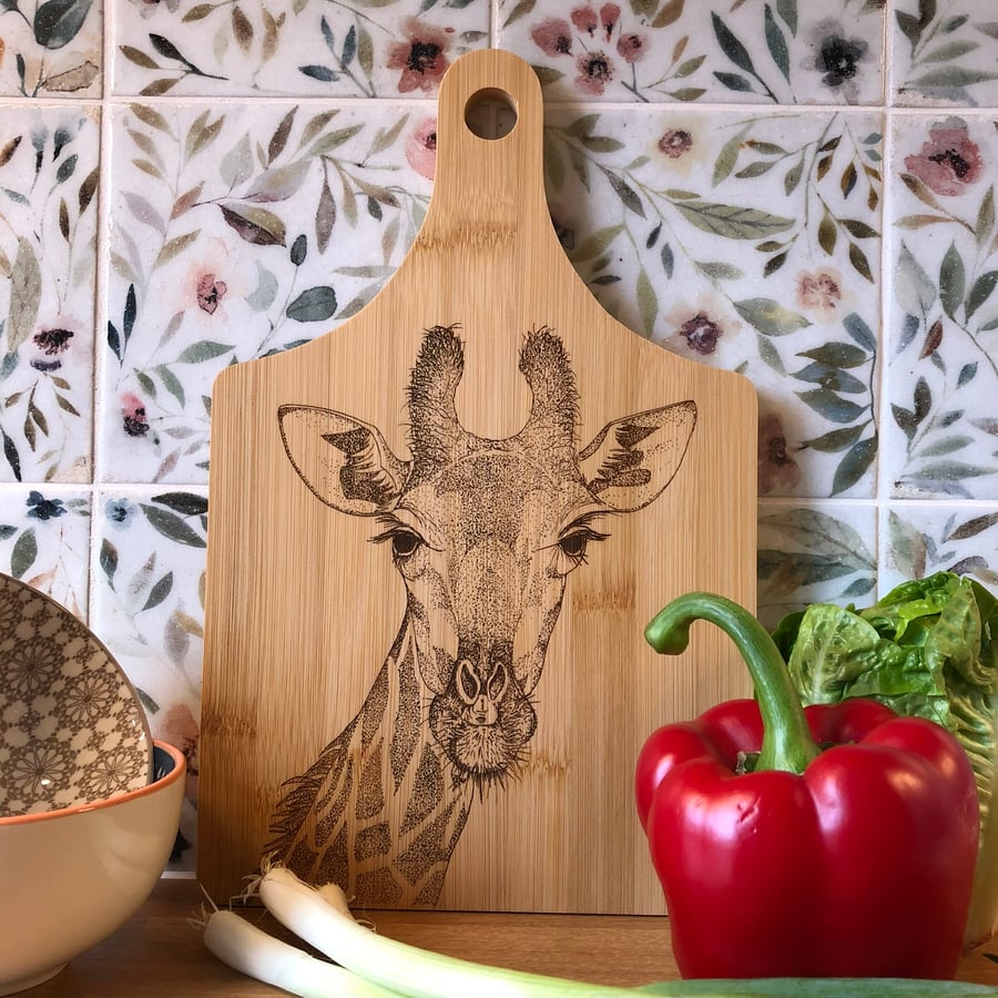 Bamboo wooden giraffe chopping board laser engraved with original artwork