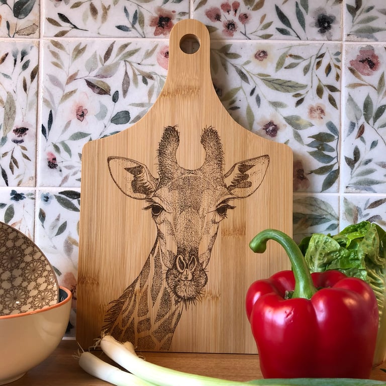 Bamboo wooden giraffe chopping board laser engraved with original artwork