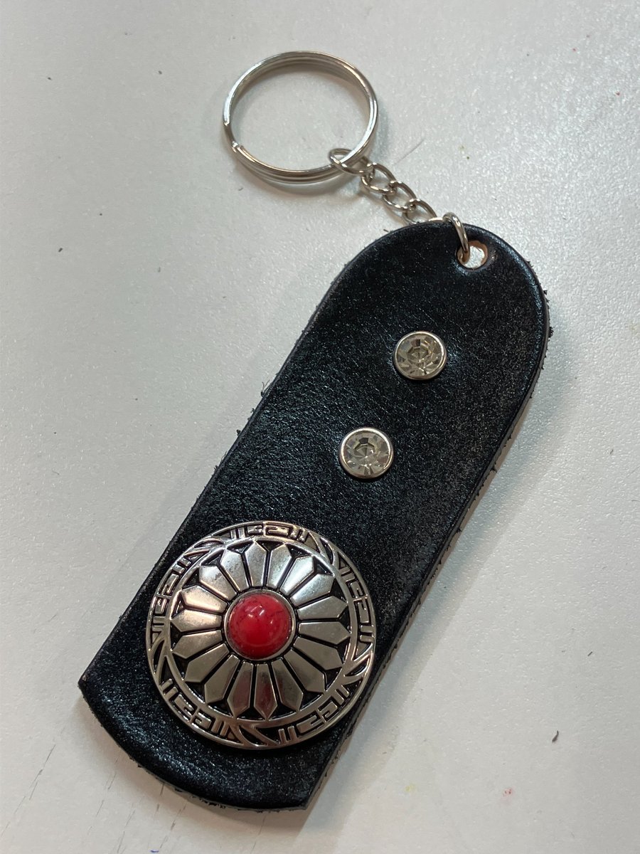 Black dyed Leather Keyring on chain with 2 White Gemstones & Decorative Shield 