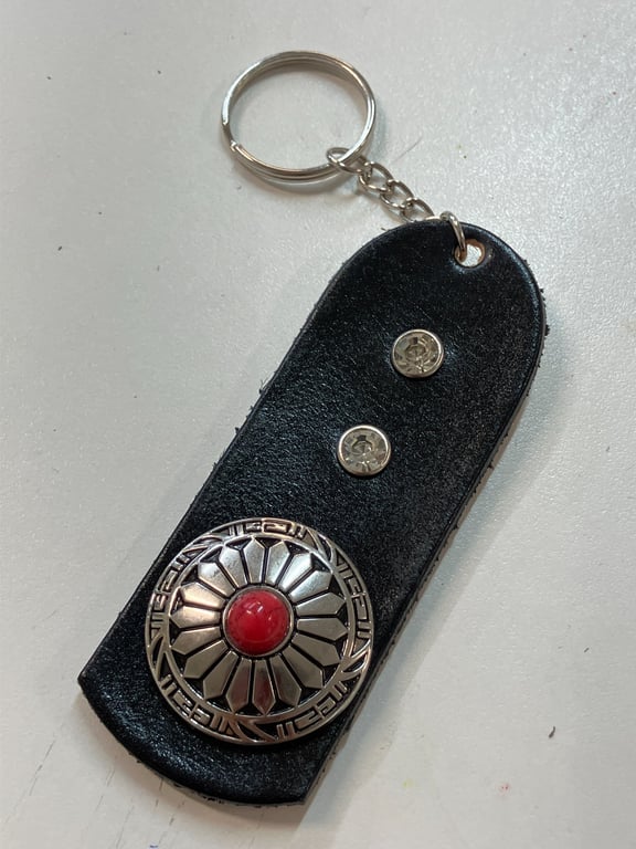 Black dyed Leather Keyring on chain with 2 White Gemstones & Decorative Shield 