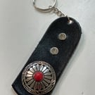 Black dyed Leather Keyring on chain with 2 White Gemstones & Decorative Shield 