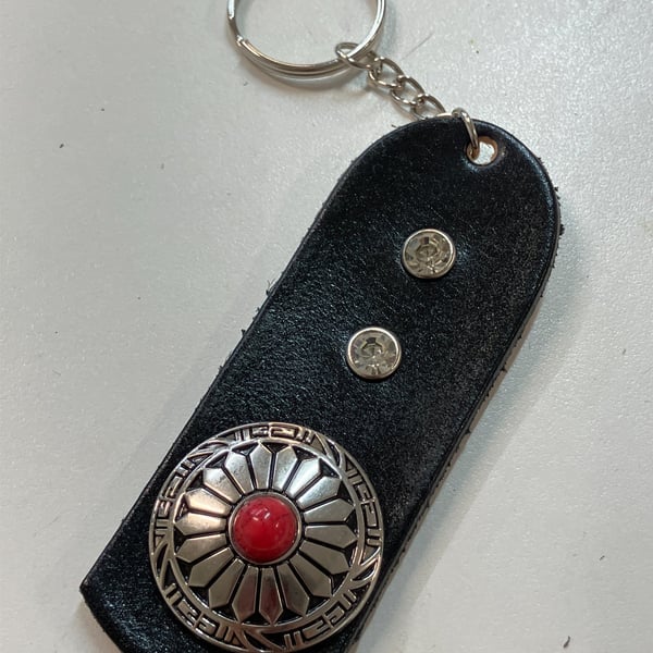 Black dyed Leather Keyring on chain with 2 White Gemstones & Decorative Shield 