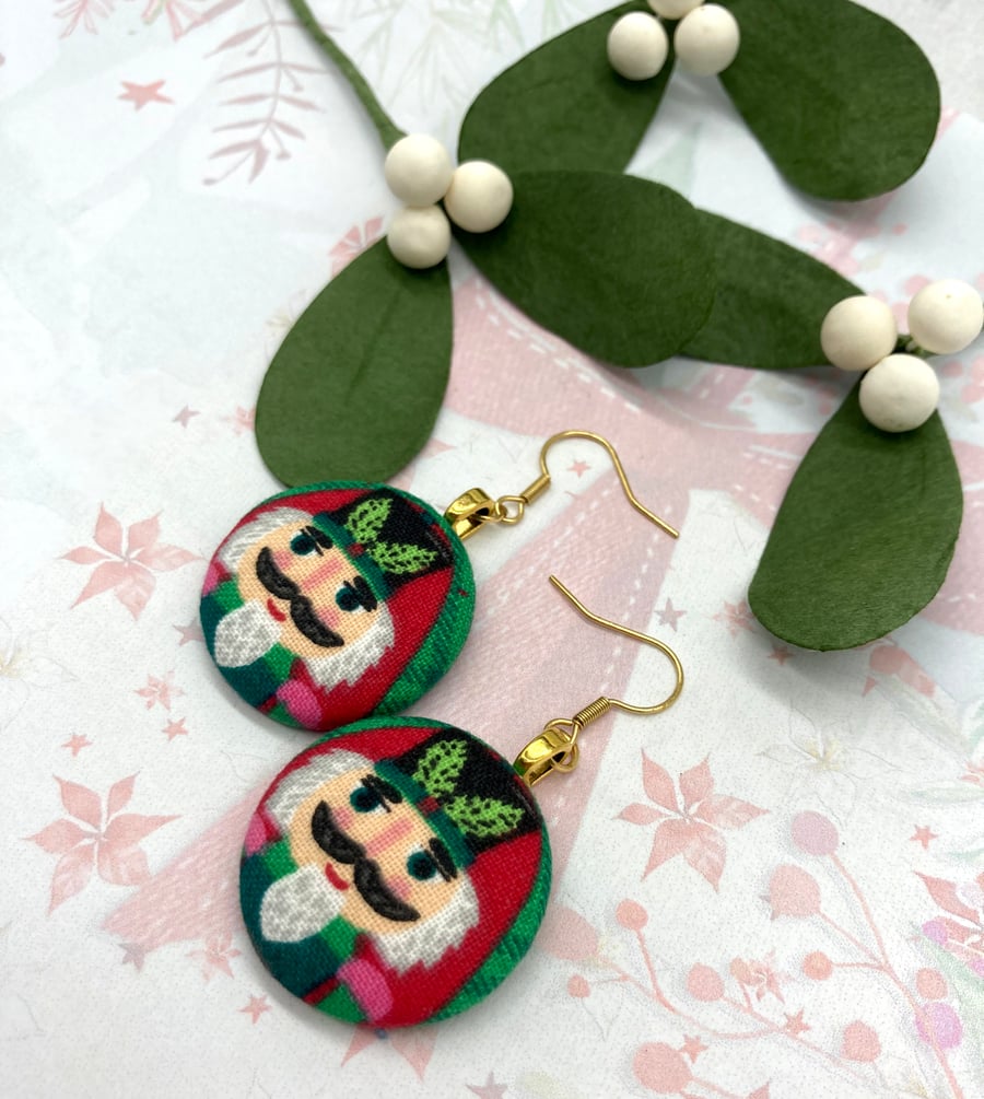 Nutcracker soldiers bright red and green fabric button statement earrings