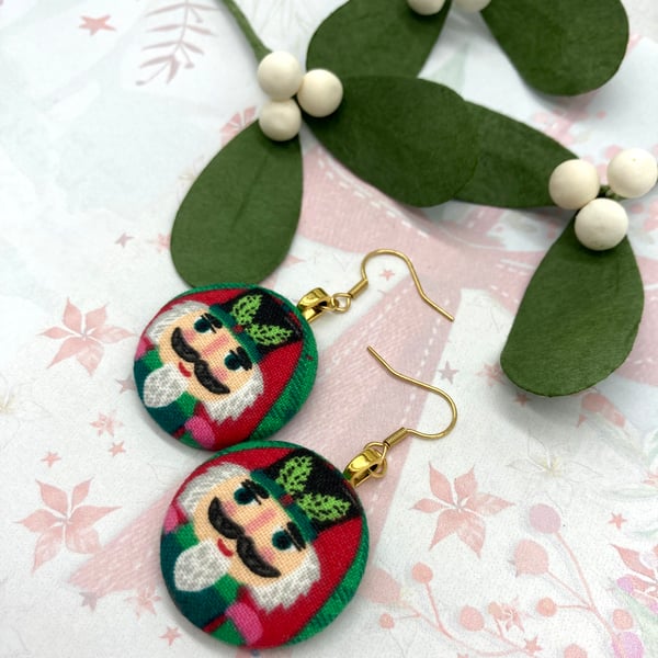 Nutcracker soldiers bright red and green fabric button statement earrings