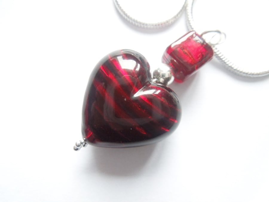 Deep red Murano glass heart and cube pendant with sterling silver.