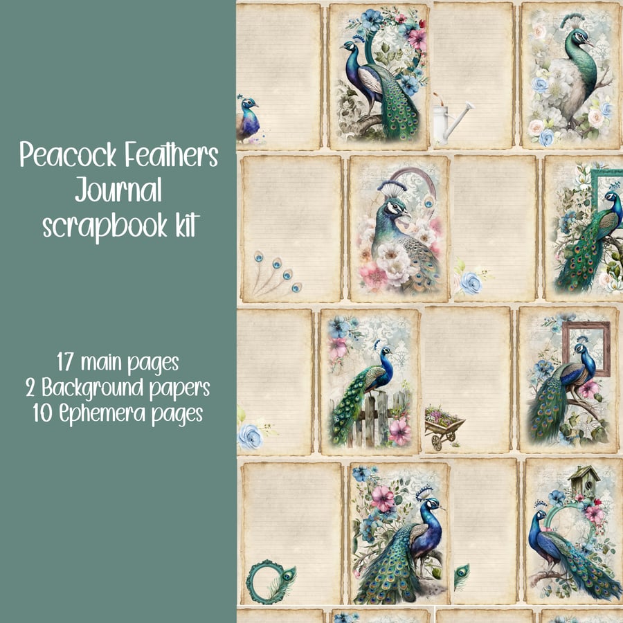 Peacock Feathers Scrapbooking, Ephemera, Journal, Digital Download