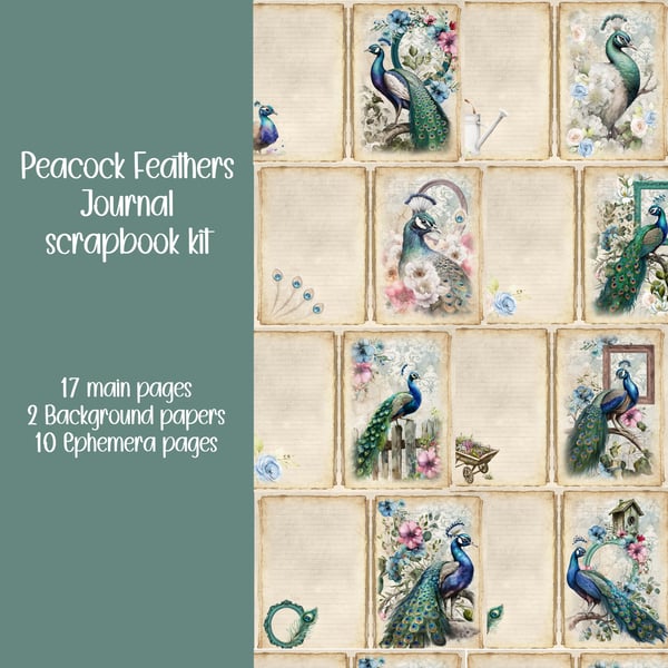 Peacock Feathers Scrapbooking, Ephemera, Journal, Digital Download