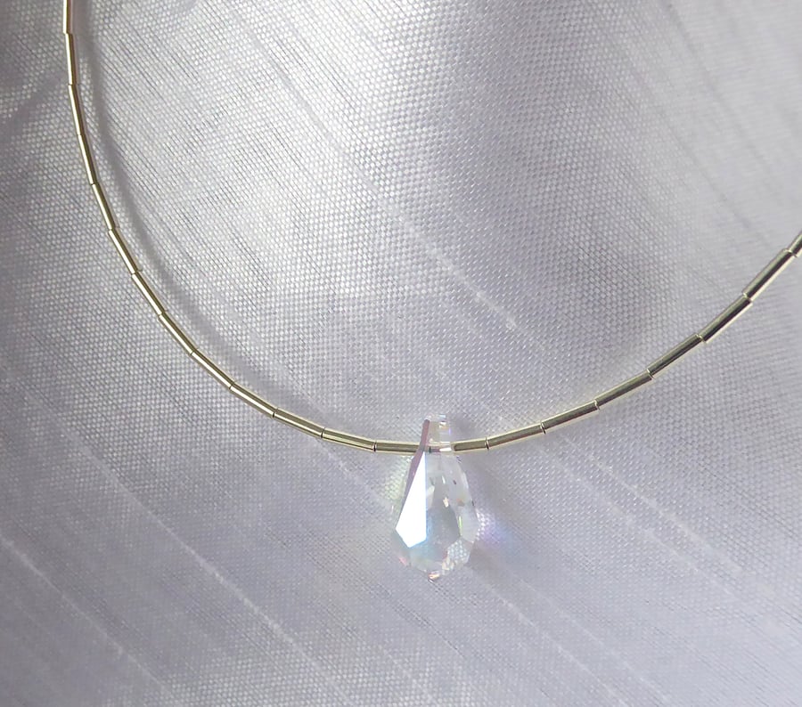 Simple Elegance Sterling Silver Necklace featuring Swarovski Teardrop Crystal 