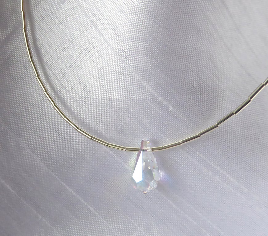 Simple Elegance Sterling Silver Necklace featuring Swarovski Teardrop Crystal 