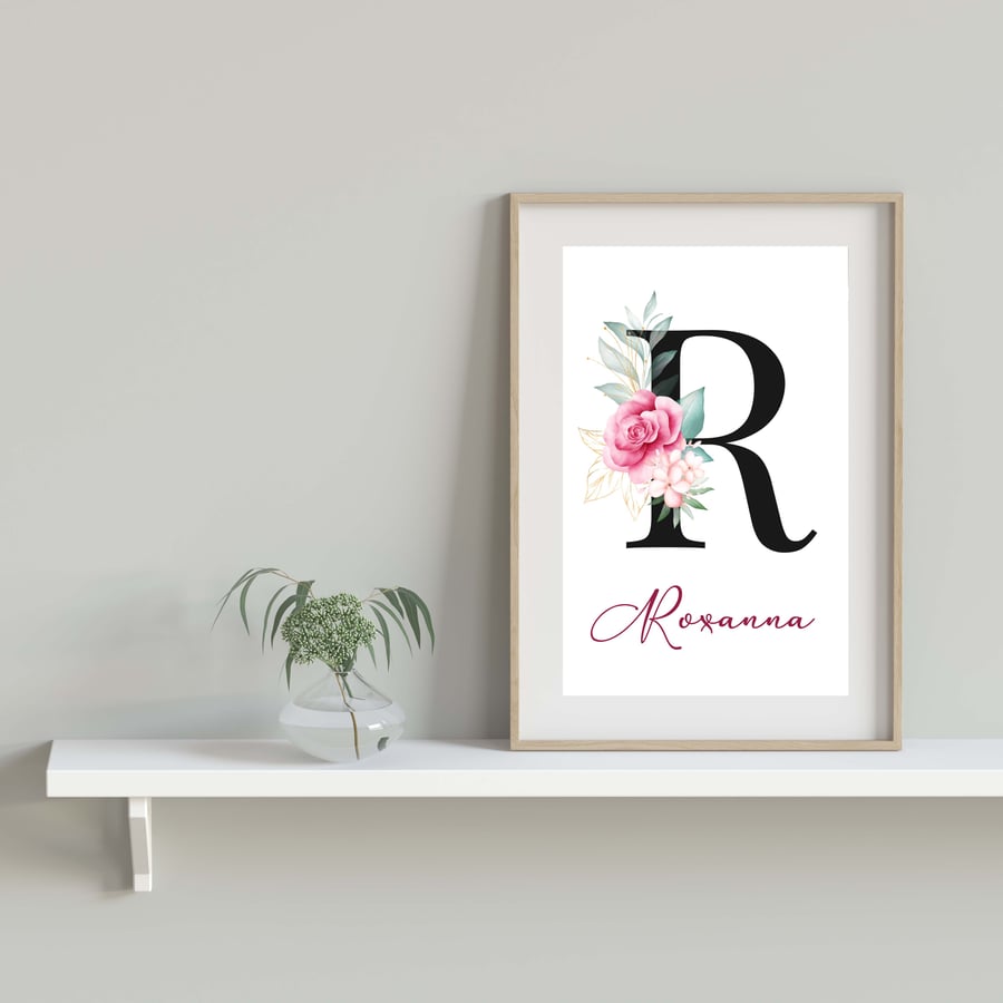 Customised name print, initial letter and name print, letter with flowers print 