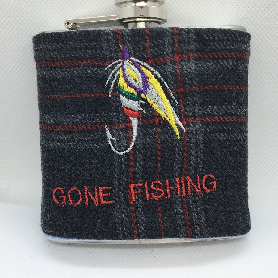 Grey , Light Grey and Red tartan 6oz Hip Flask Gone Fishing embroidered 