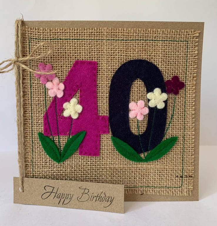 Handmade 40th Birthday Card. Keepsake Card. Textile card.