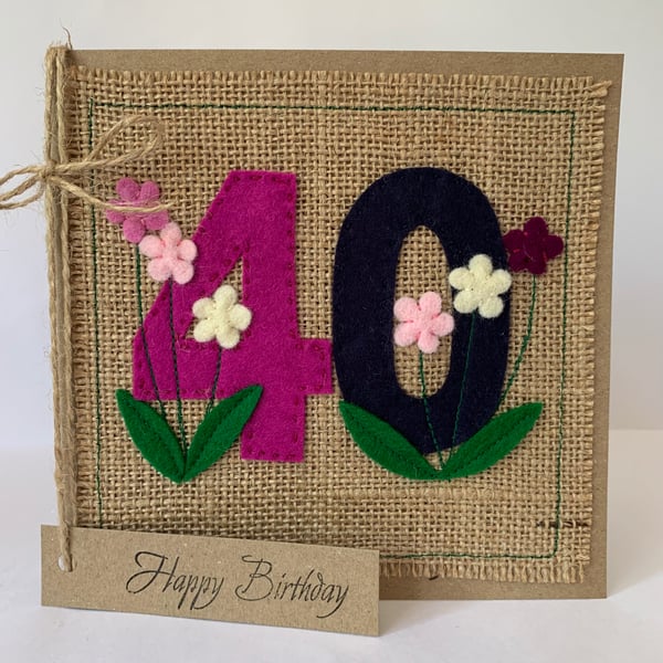 Handmade 40th Birthday Card. Keepsake Card. Textile card.