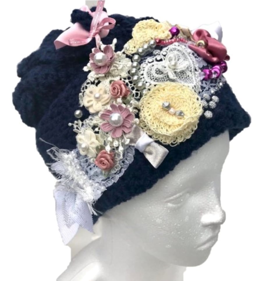 croched Hat embellished hat romantic style hat boho chic hat wearable art