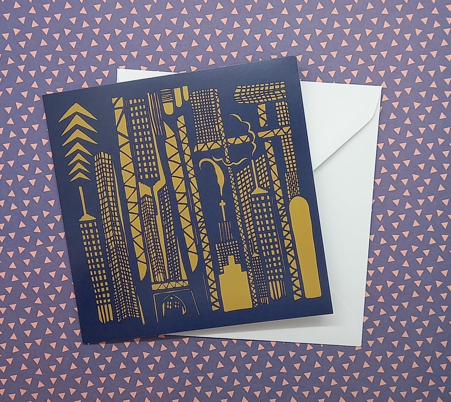 Metropolis City greeting card, mid-century modern Art Deco card, screen printed