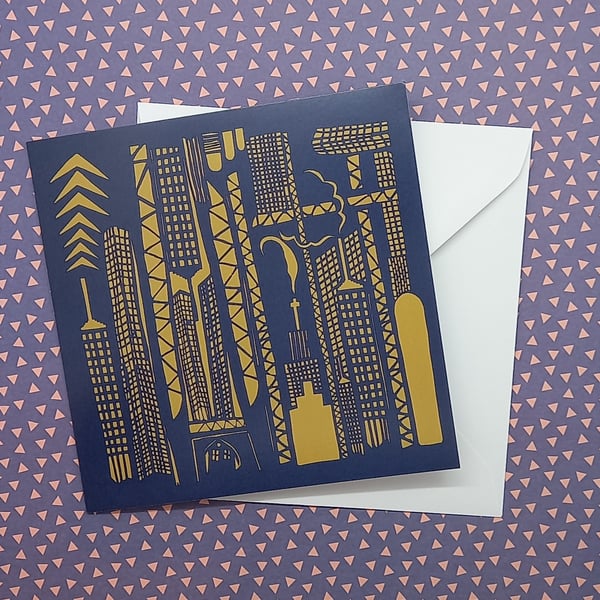 Metropolis City greeting card, mid-century modern Art Deco card, screen printed