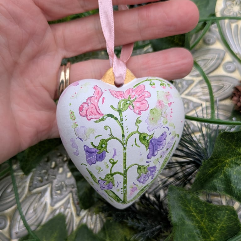 Sweet pea ceramic heart ornament