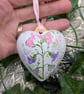 Sweet pea hand-painted ceramic heart ornament - Image 1