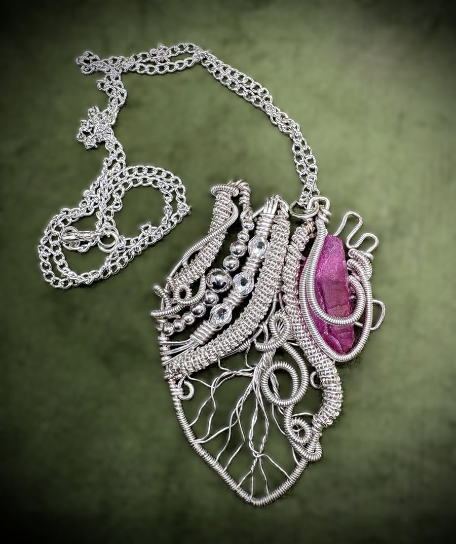 Silver and Pink Quartz Anatomical Heart wire wrapped pendant