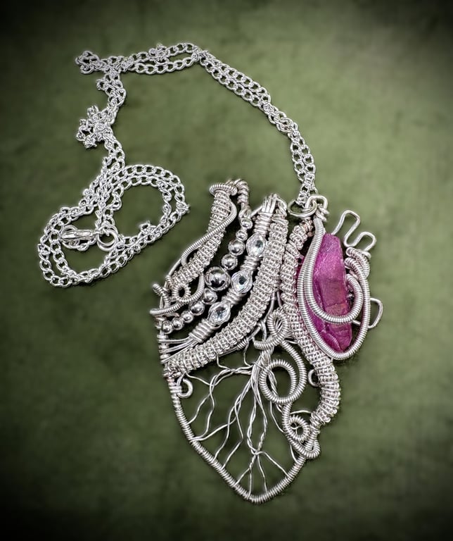 Silver and Pink Quartz Anatomical Heart wire wrapped pendant