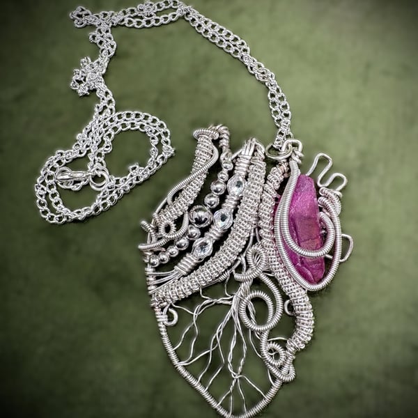 Silver and Pink Quartz Anatomical Heart wire wrapped pendant