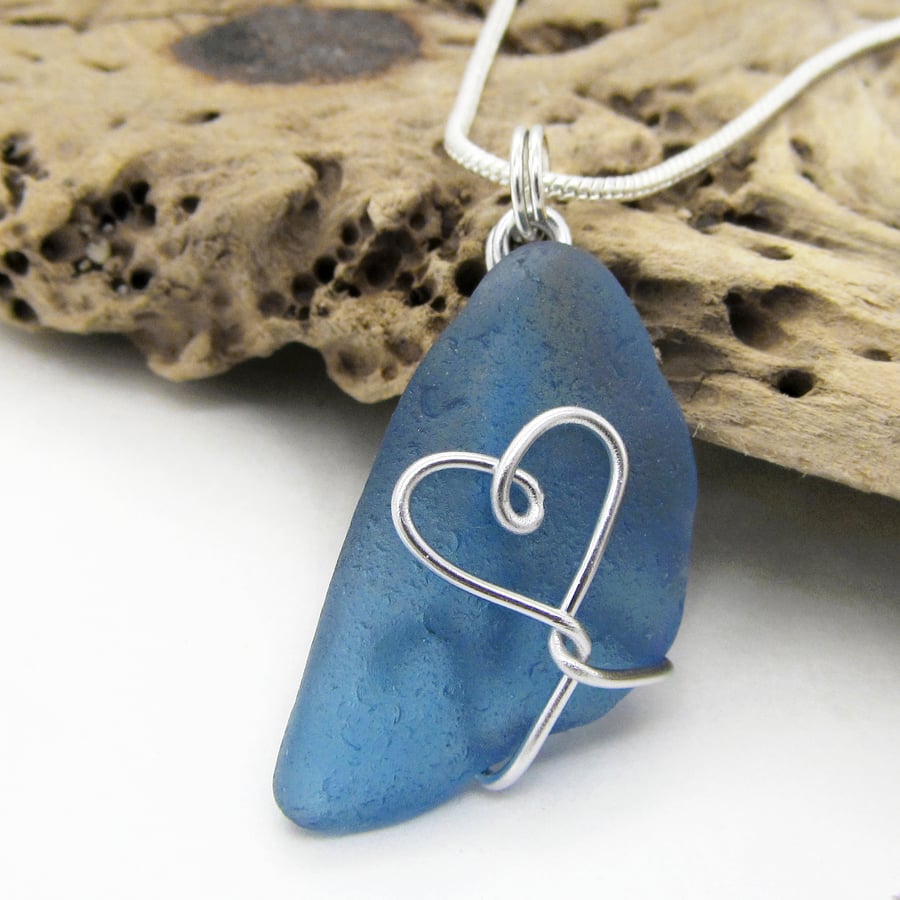 Sea Glass Pendant. Blue Scottish Silver Wire Heart Necklace Scottish Jewellery
